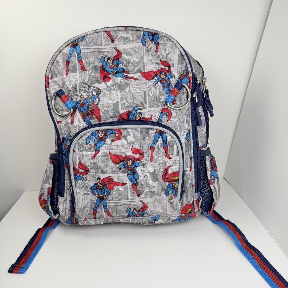 Pottery Barn Kids Superman Mackenzie Large Backpack Gray Blue Bottle Pockets